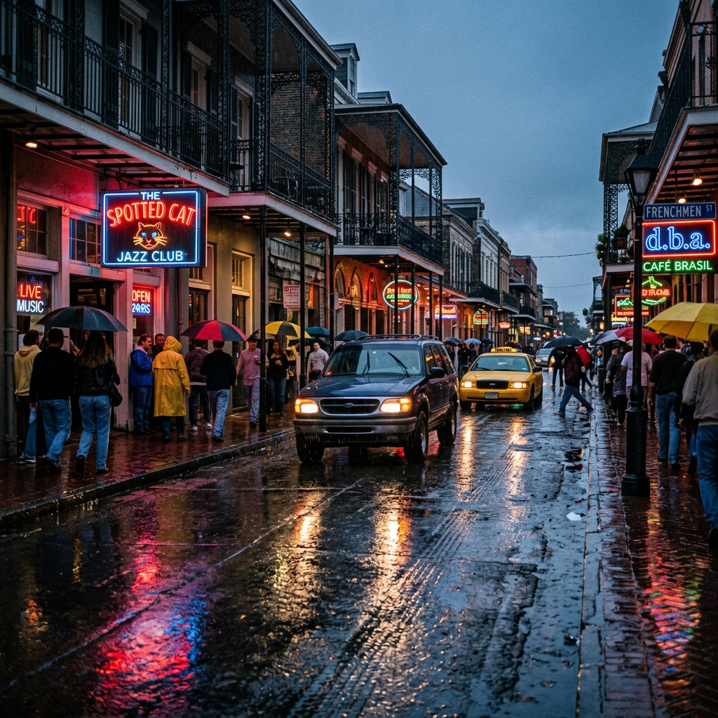 Wet urban street with people holding umbrellas, cars, and neon signs for jazz clubs and cafes at dusk